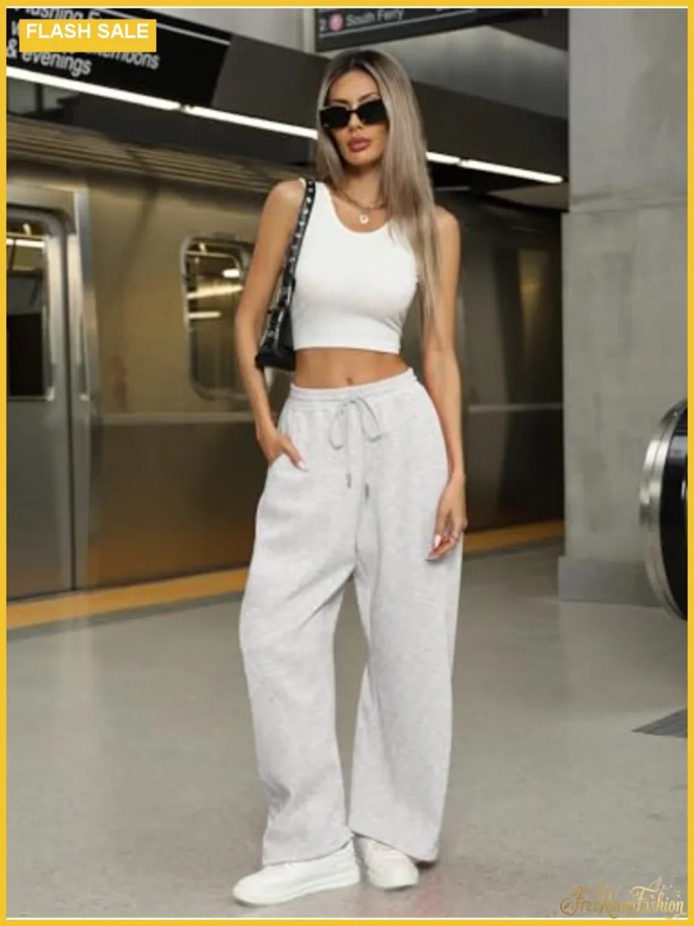 ELLEVEN Women Wide Leg Barrel Sweatpants Drawstring Pockets Cotton Blend